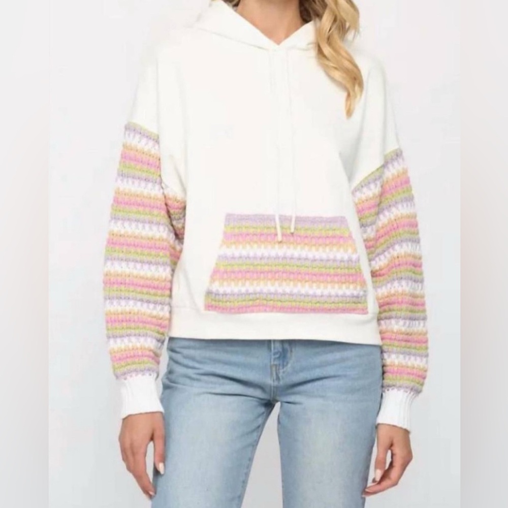 FATE Women's Sweatshirt Hoodie Knitted Details Sleeves Pouch Pocket White Small